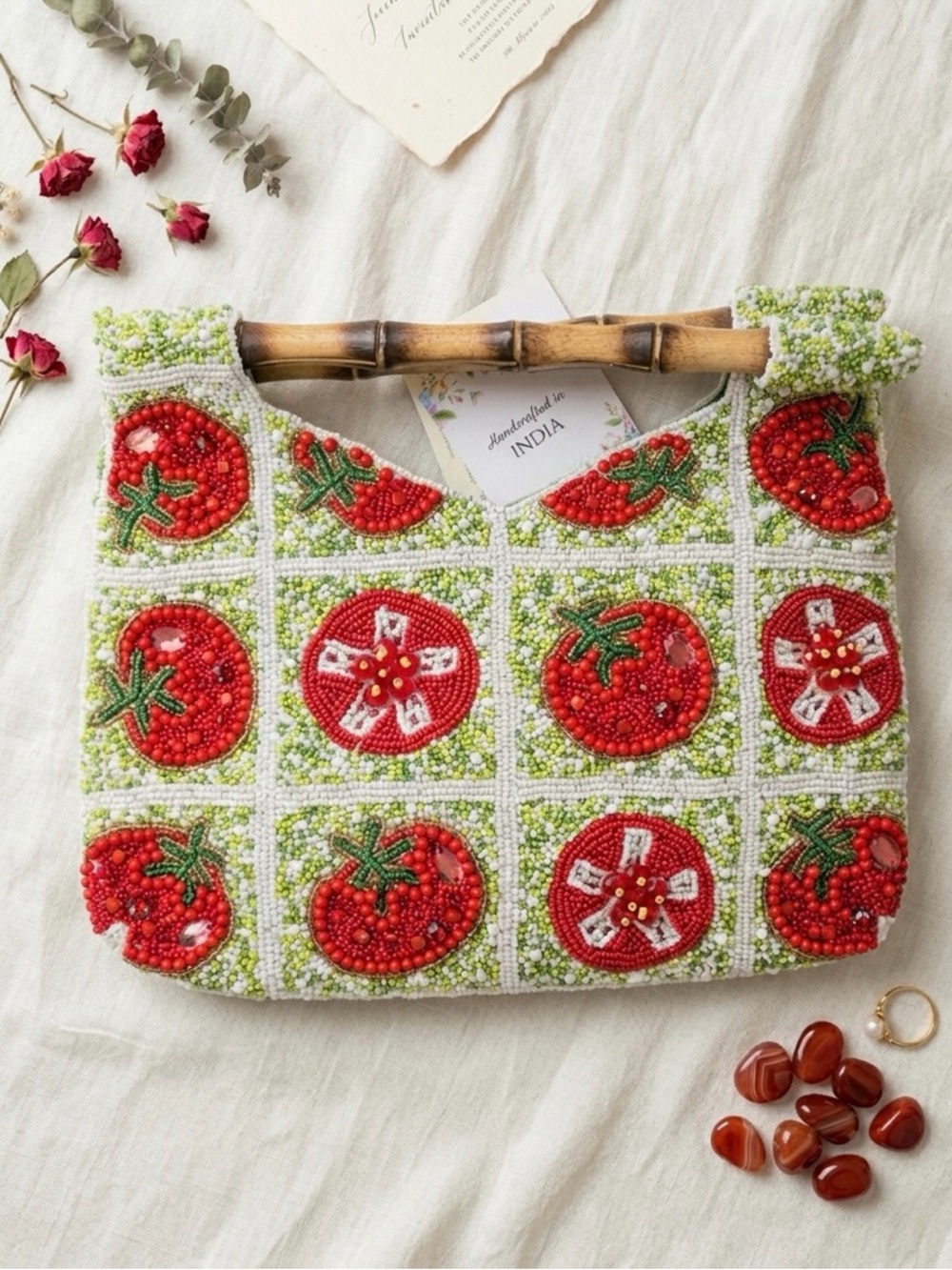 Beaded Tomato Mosaic Handbag with Bamboo Handle